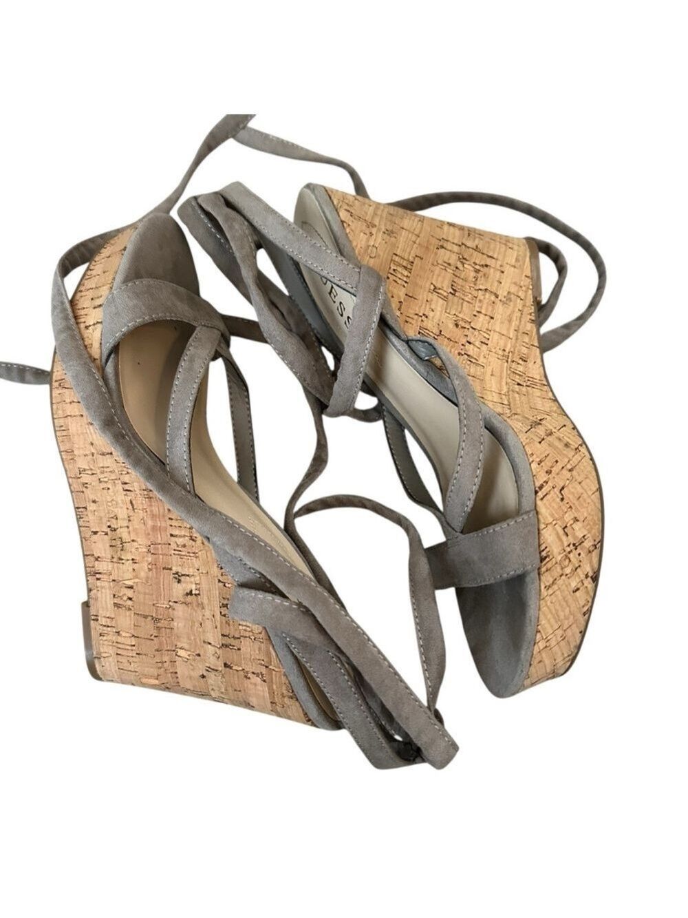 GUESS Treacy Gray Lace-Up Faux Suede Wedge Sandals Women’s Size 6.5 –4 Inch Heel - Picture 6 of 7